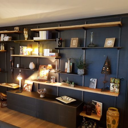 une bibliothèque sur mesure avec un fond bleu