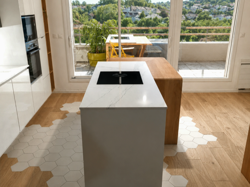 une cuisine blanche en bois avec un plan de travail en quartz travail